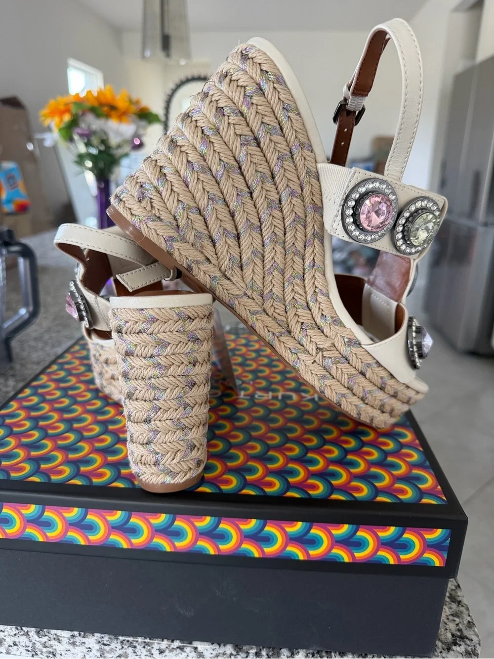 Kurt Geiger Ivory Jeweled Espadrille Wedge Sandals